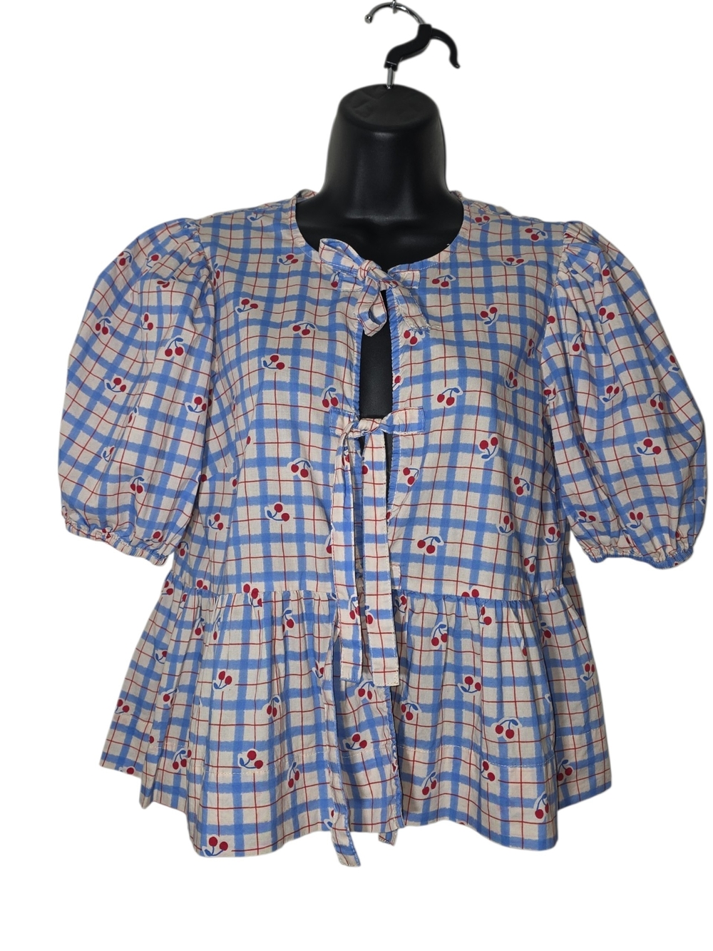 Taelynn Cherry Print Blue Plaid Front Tie Peplum Blouse Puff Sleeve Size Small